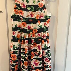 Floral Stripe Sleeveless W Dress - Orange & Black